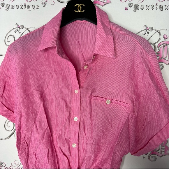 Frnch Paris blouse pink striped tie front bow button down tshirt collared top - Picture 2 of 10